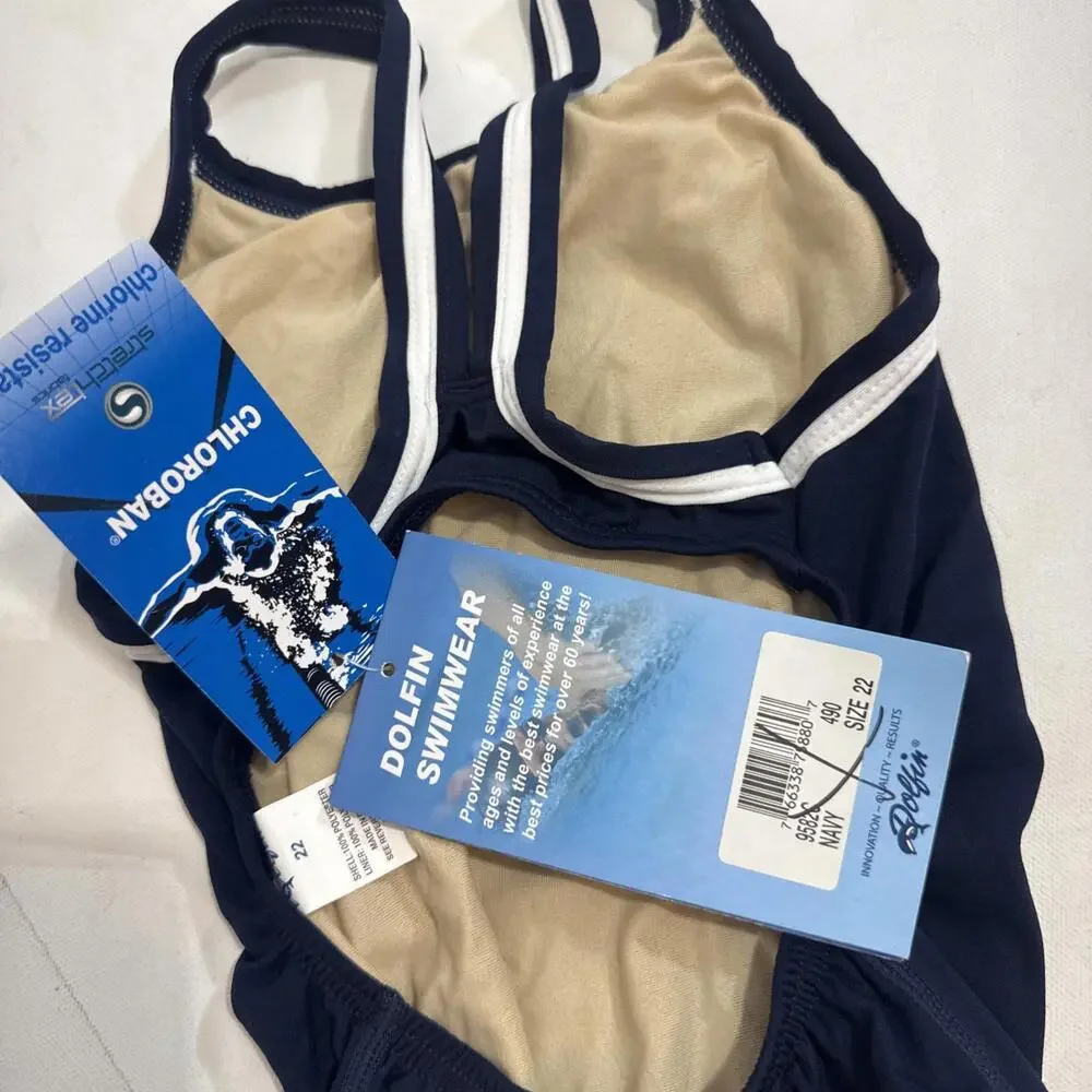 Dolphin girls‎ practice UPF 50+ Swimsuit one piece Sz 22 Navy White Stripe NWT